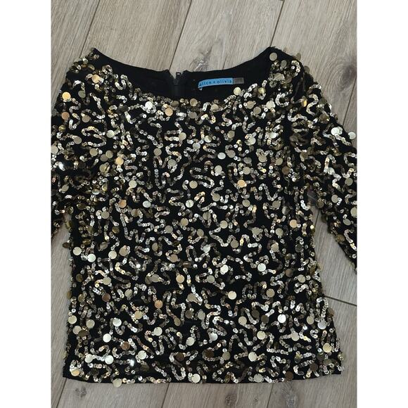 Alice + Olivia Pixie Gold Sequined Black Silk Top Zip Back XS - Picture 7 of 11